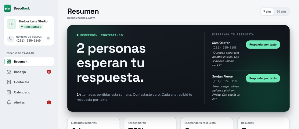 El panel de recepción de BeepBack: 2 personas esperan tu respuesta, cada una con nombre, número y su motivo de llamada