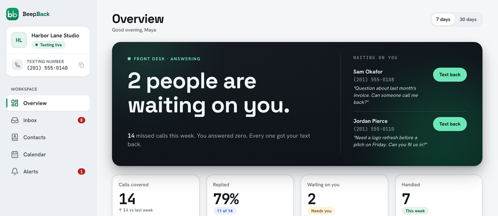 The BeepBack front desk dashboard: 2 people are waiting on you, each with a name, number, and their reason for calling