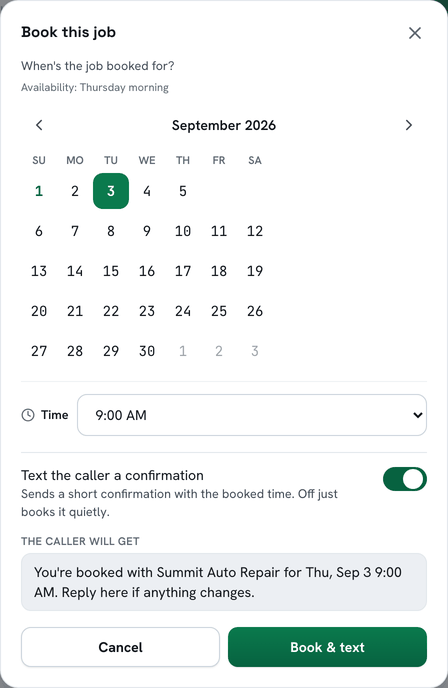 Booking a job in the BeepBack portal: pick the day and time, and text the caller a confirmation