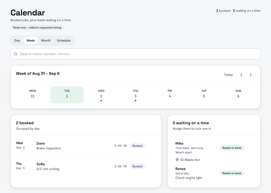 The BeepBack calendar in week view: booked jobs grouped by day, plus the leads still waiting on a time