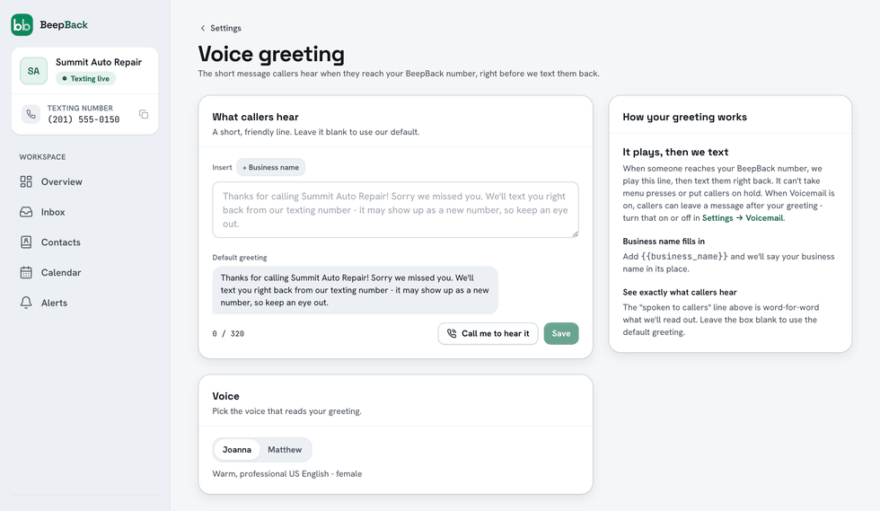 The Voice greeting screen: the line callers hear, a Call me to hear it button, and a choice of two voices