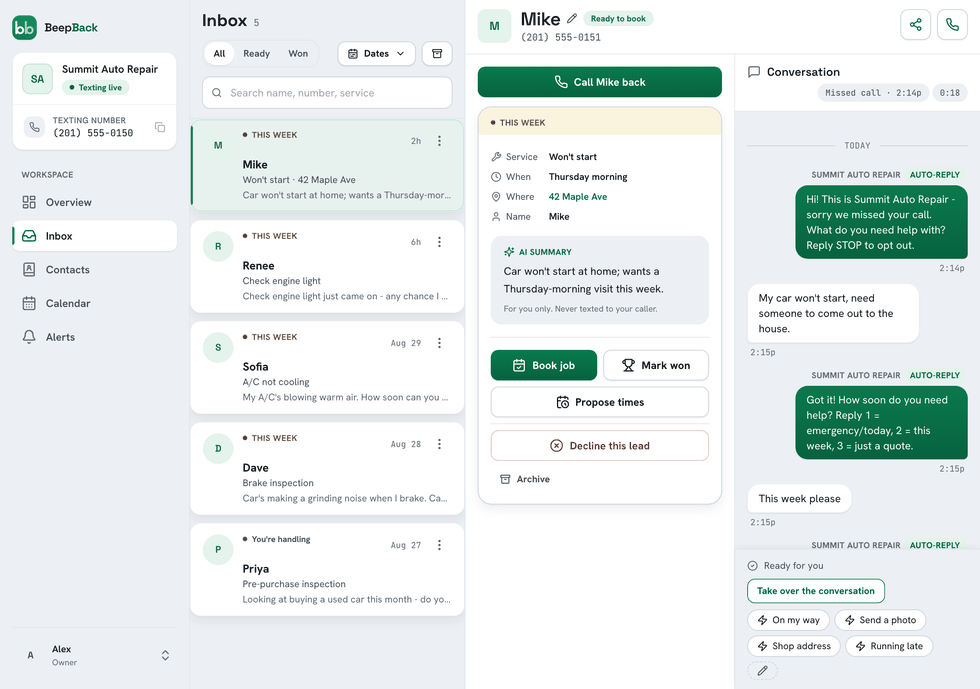 The BeepBack inbox with Mike’s lead open: the job, timing, address, and name pulled out beside the full text conversation, with quick replies ready to send