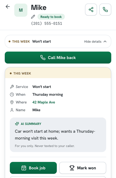 Mike’s lead opened on a phone: a Call Mike back button, the job, Thursday morning, 42 Maple Ave, the AI summary, and Book job