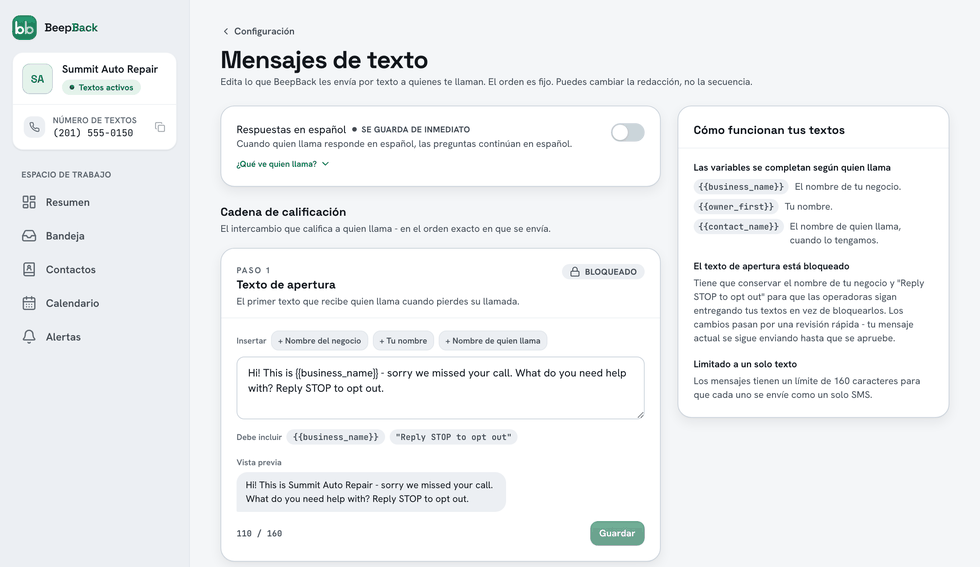 El editor de Mensajes de texto: el primer texto de vuelta con el nombre del negocio y la línea STOP bloqueados, una vista previa en vivo y un contador de 160 caracteres