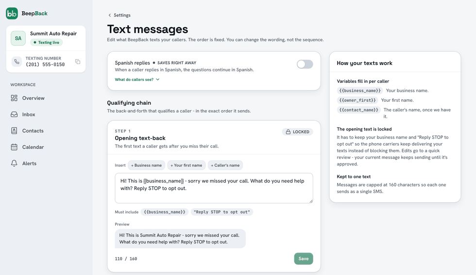The Text messages editor: the opening text-back with its locked business name and STOP line, a live preview, and a 160-character counter