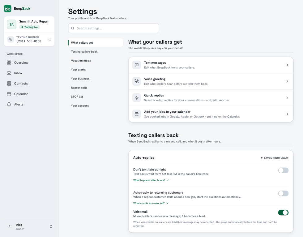 BeepBack Settings: a search box, sections for what callers get, texting callers back, vacation mode and your alerts, and switches for late-night texts, returning customers, and voicemail